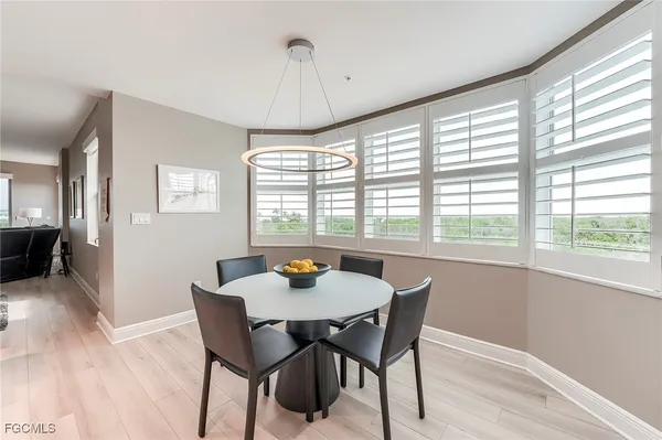 a view of a dining room with furniture window and wooden floor