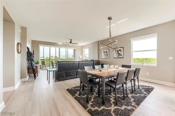 a view of a dining room with furniture window and wooden floor