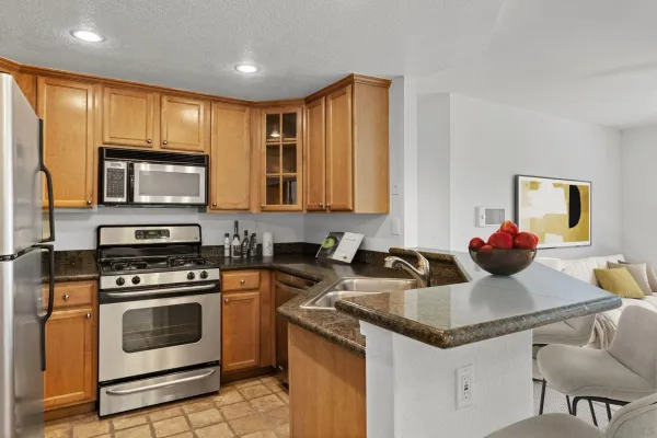 a kitchen with stainless steel appliances granite countertop a stove a sink and a microwave