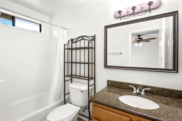 a bathroom with a granite countertop sink toilet and shower