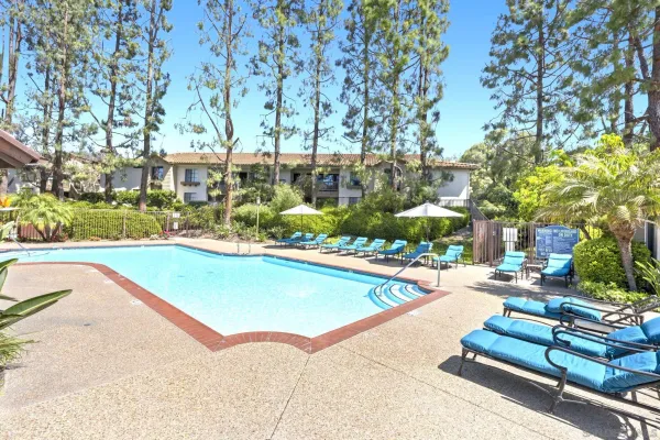 a view of swimming pool with outdoor seating and trees in the background