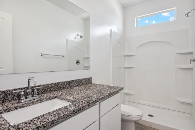 a bathroom with a granite countertop sink a toilet and shower