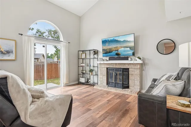 a living room with furniture a fireplace and a floor to ceiling window