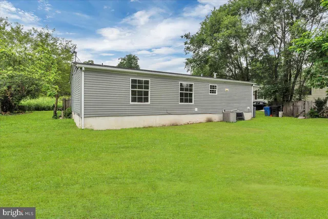 a backyard of a house with plants and large tree