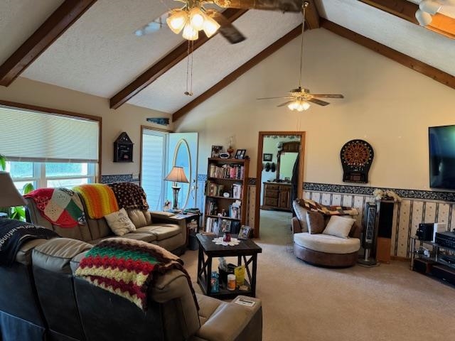 Living room with wainscoting, carpet floors, ceiling fan, wallpapered walls, and a textured ceiling