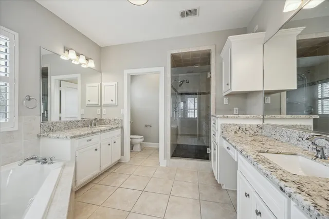 a bathroom with a granite countertop double vanity sink mirror and shower