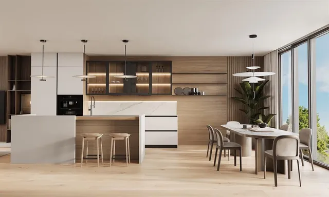 a kitchen with a table chairs refrigerator and cabinets
