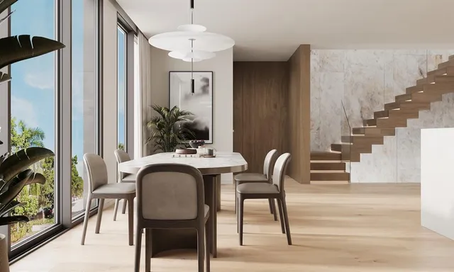 a view of a dining room with furniture window and wooden floor