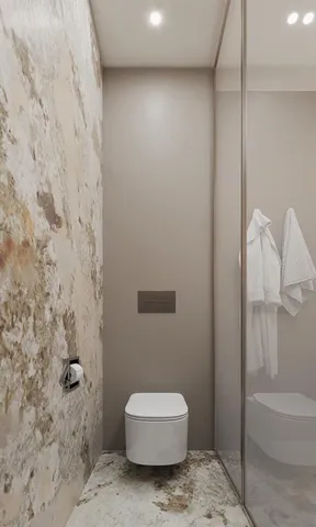 a bathroom with a toilet and a shower