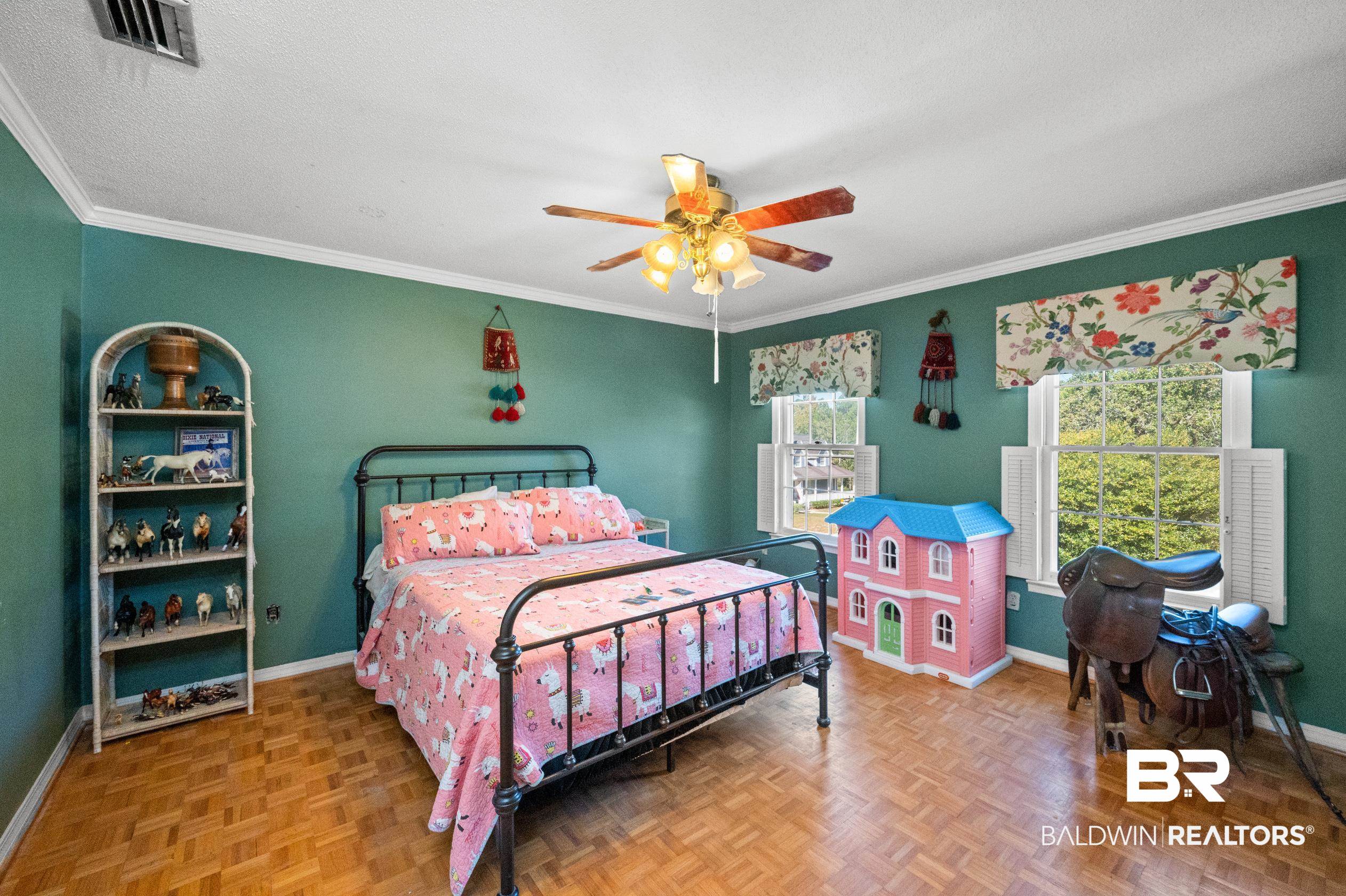 6705 Ridgeland Road South Mobile, AL 36695 - Photo 32 of 44 Bedroom with parquet flooring, ornamental molding, and ceiling fan
