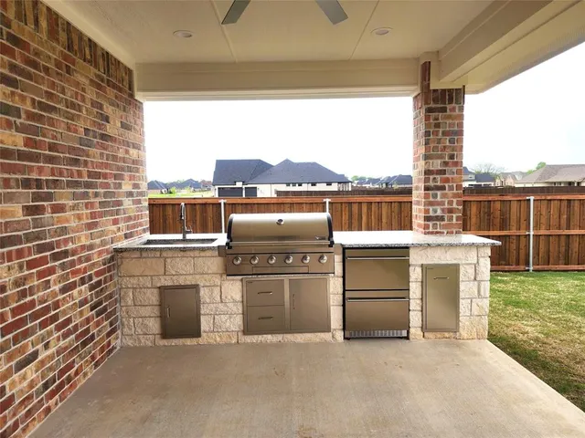 a terrace with a bench