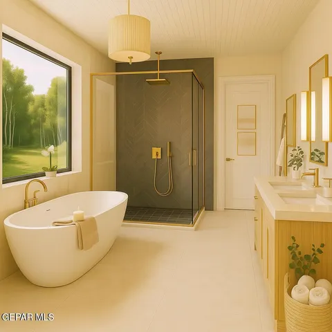 a bathroom with a tub and shower