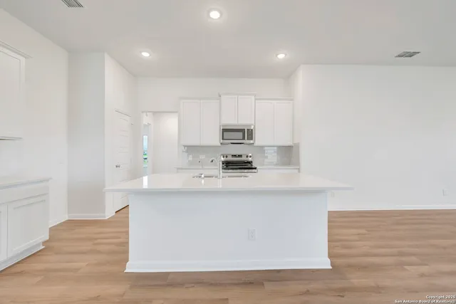 a kitchen with stainless steel appliances granite countertop a sink a stove top oven a counter space and cabinets