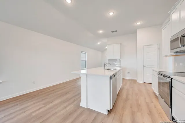 a kitchen with a sink wooden floor and stainless steel appliances