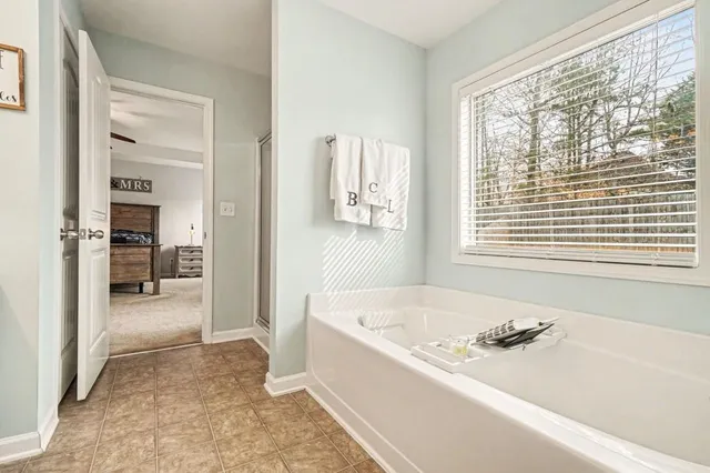 a bathroom with a bathtub and a shower