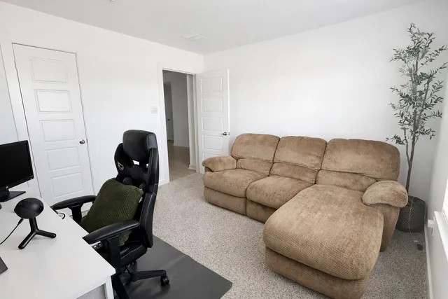a living room with furniture and a potted plant