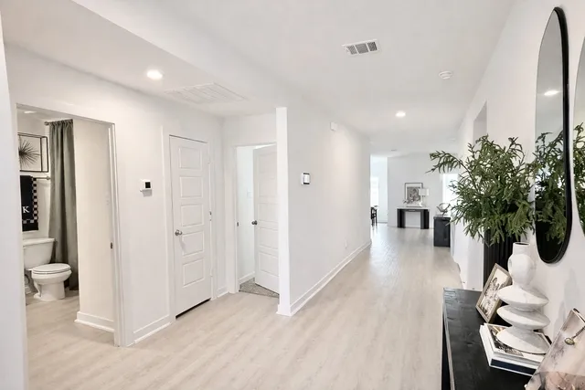 a view of a hallway with wooden floor and a potted plant