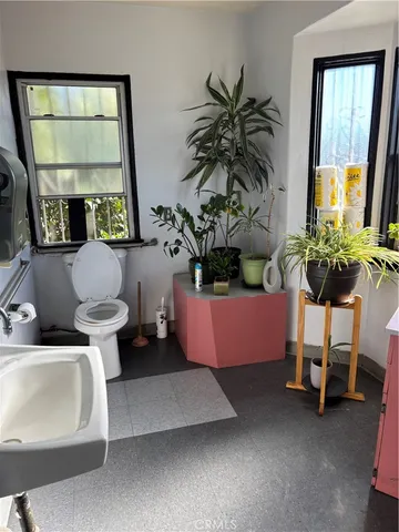 a dining room with furniture and a potted plant