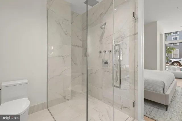 a bathroom with a shower and toilet