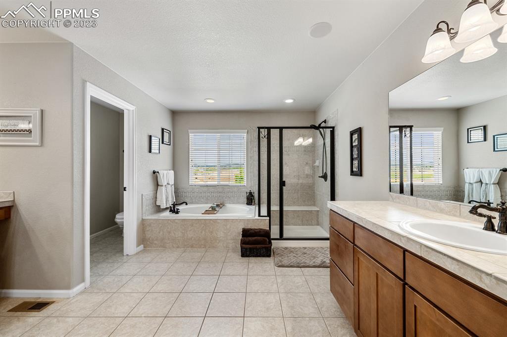 1465 Bowstring Road Monument, CO 80132 - Photo 27 of 49 a spacious bathroom with a double vanity sink a mirror and a shower