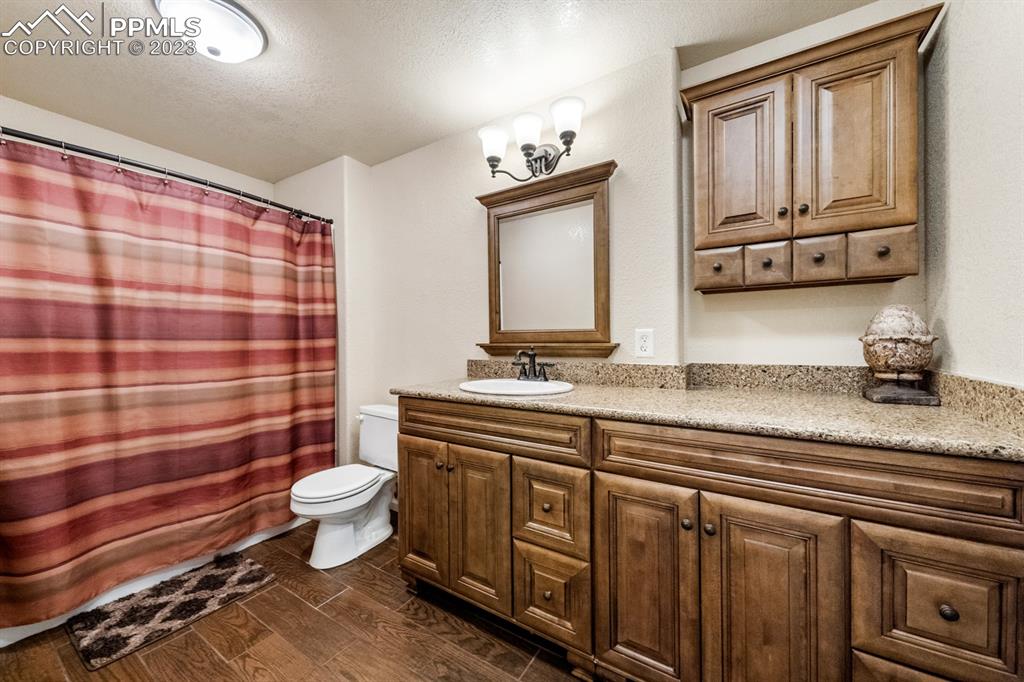 1465 Bowstring Road Monument, CO 80132 - Photo 45 of 49 a bathroom with a sink toilet a mirror and shower curtain