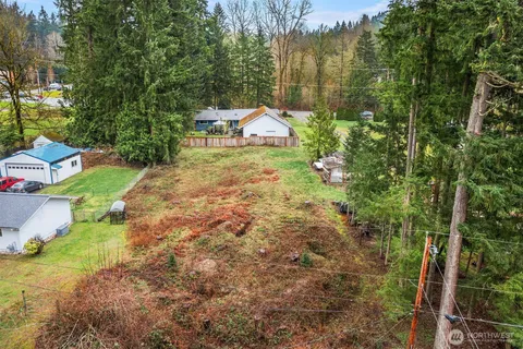 a view of a yard with plants and a bench