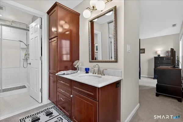 a bathroom with a sink a mirror and a shower