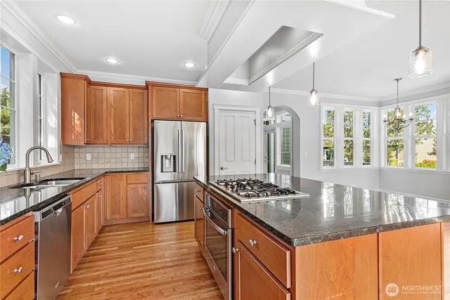 a kitchen with stainless steel appliances granite countertop a stove refrigerator a sink dishwasher and wooden cabinets with wooden floor