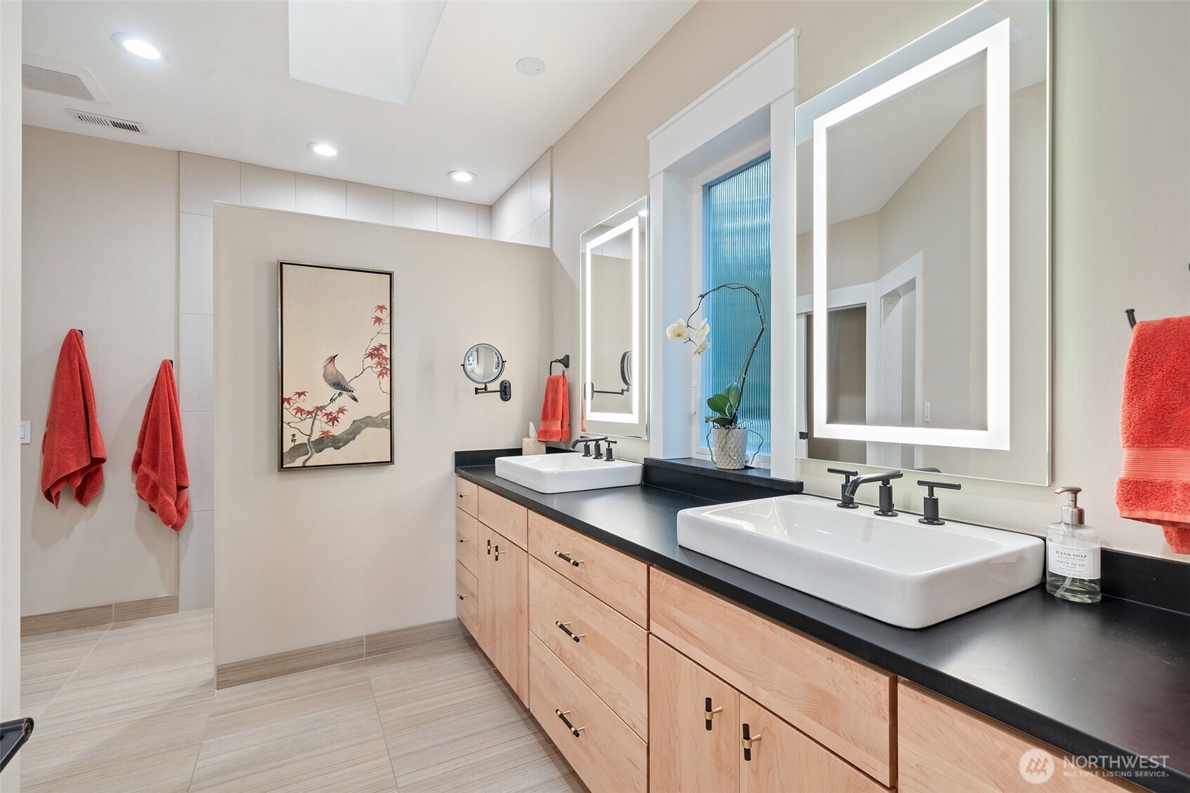 211 East Vineyard Crest Road Grapeview, WA 98546 - Photo 21 of 40 a bathroom with a double vanity sink and a mirror