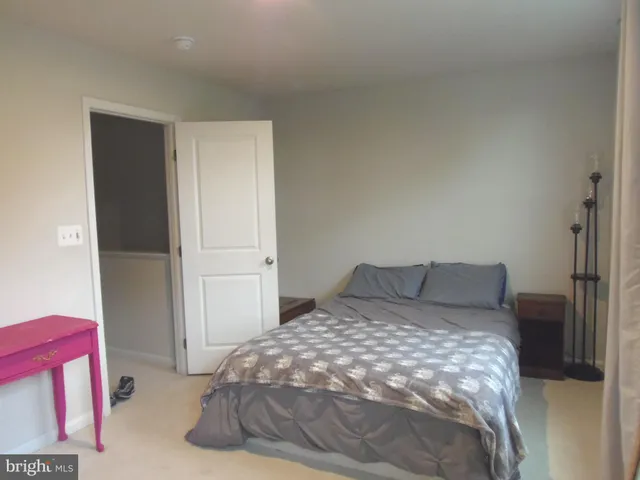 a bedroom with a bed and closet