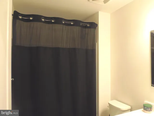 a bathroom with a shower curtain