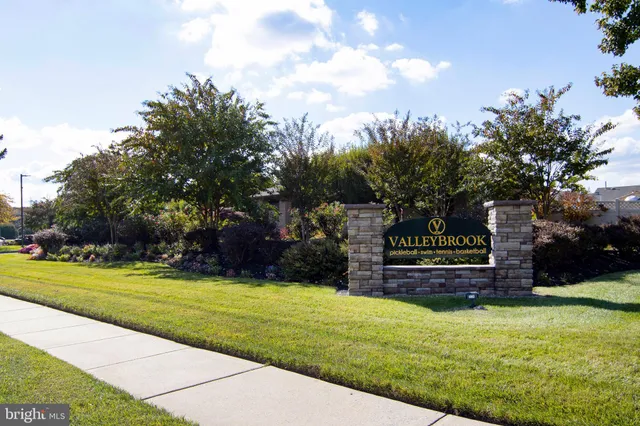 a front view of a house with a yard and fountain in middle of the road