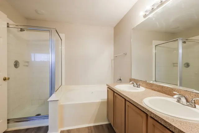 a bathroom with a tub sink shower and mirror