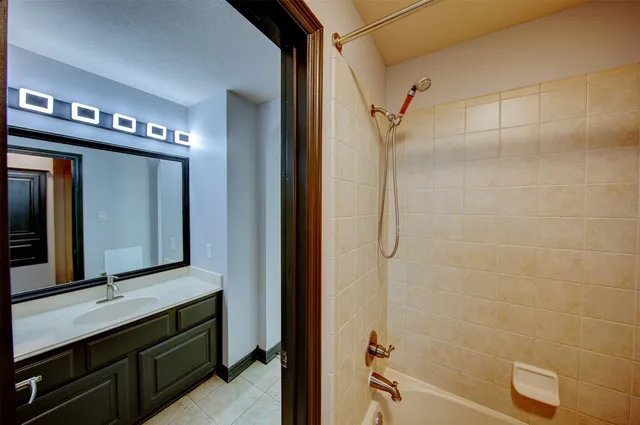 a bathroom with a double vanity sink a mirror and a shower