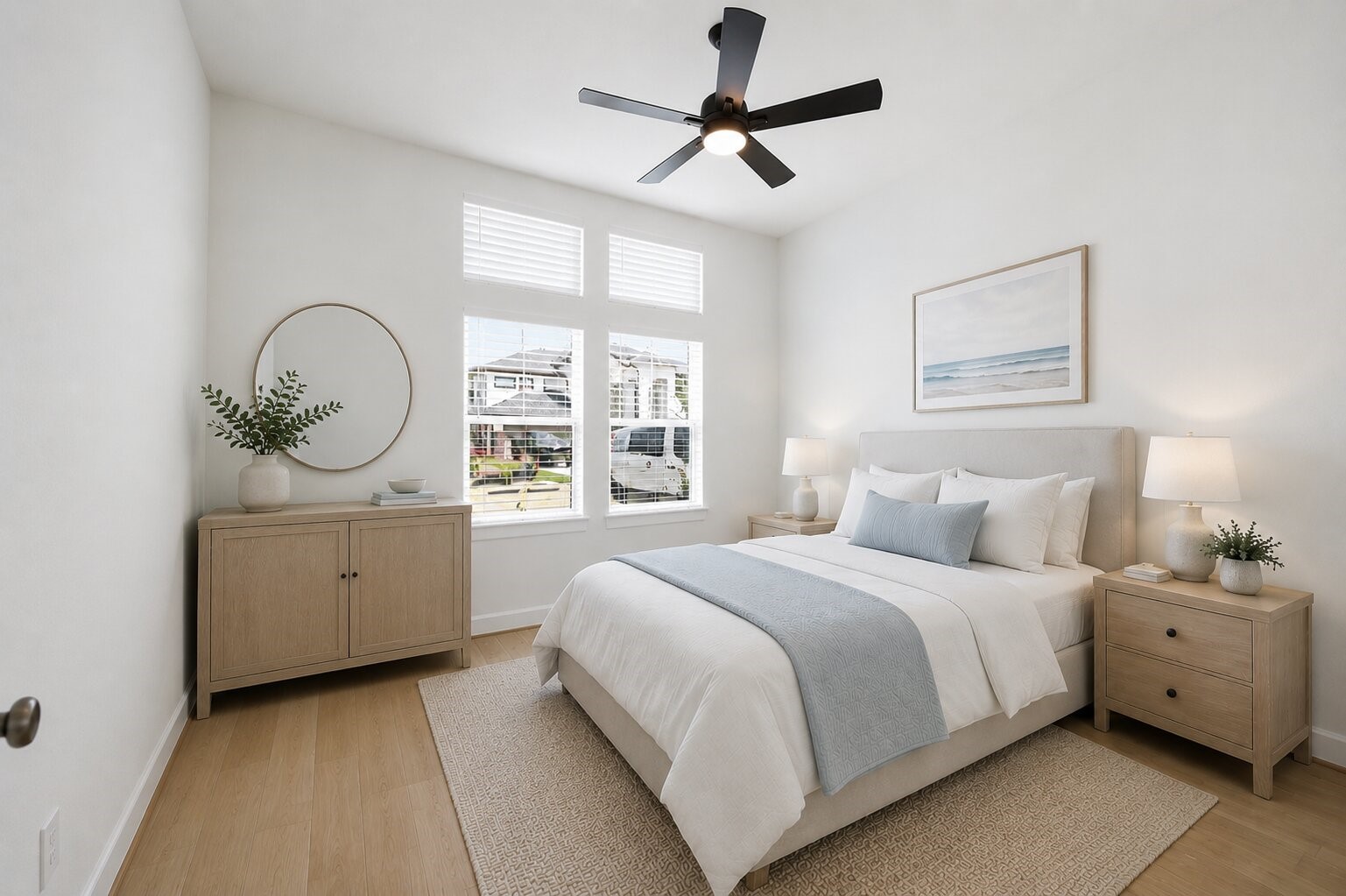 416 Venado View Court Conroe, TX 77304 - Photo 20 of 34 **Virtually Staged** Bright and spacious secondary bedroom with soaring ceilings, abundant natural light, warm wood flooring, and a serene neutral palette.