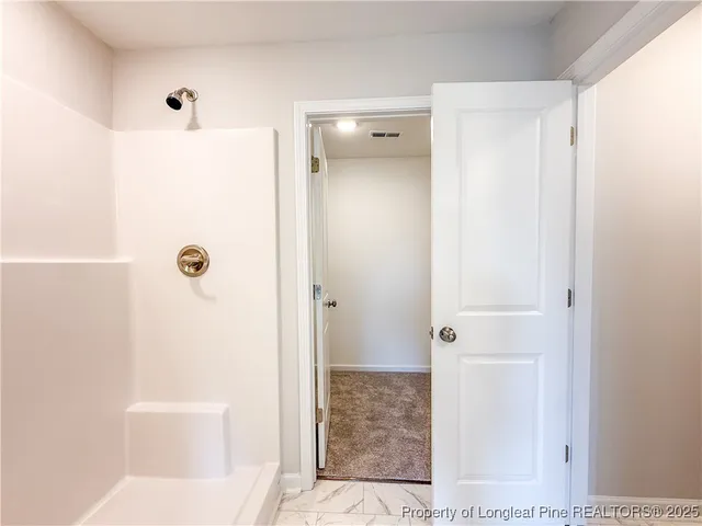 a bathroom with a shower and a toilet