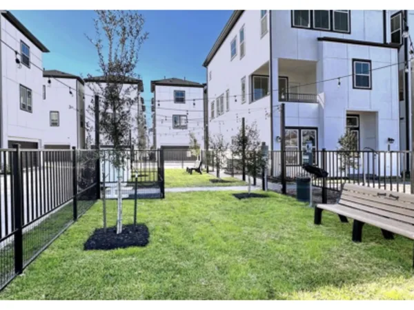 a garden view with a sitting area