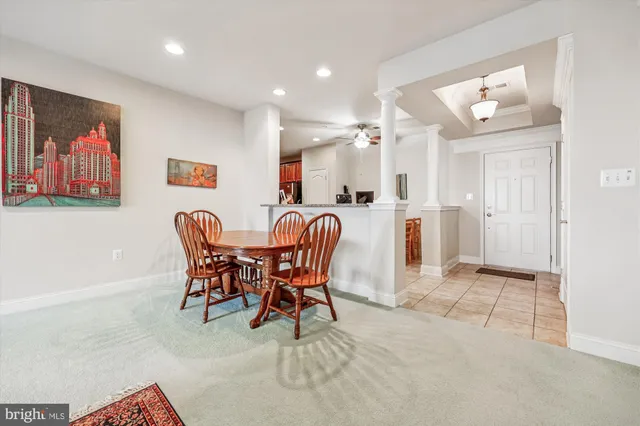 a view of a dining room with furniture
