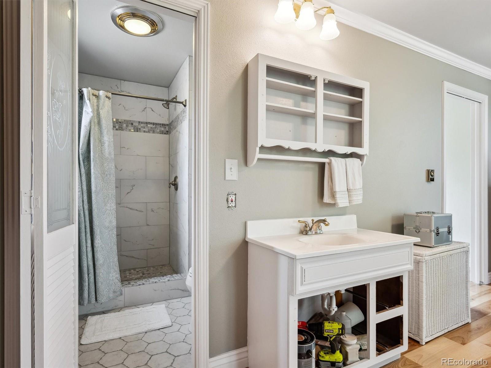 9390 South Warhawk Road Conifer, CO 80433 - Photo 26 of 46 a bathroom with a sink vanity and shower