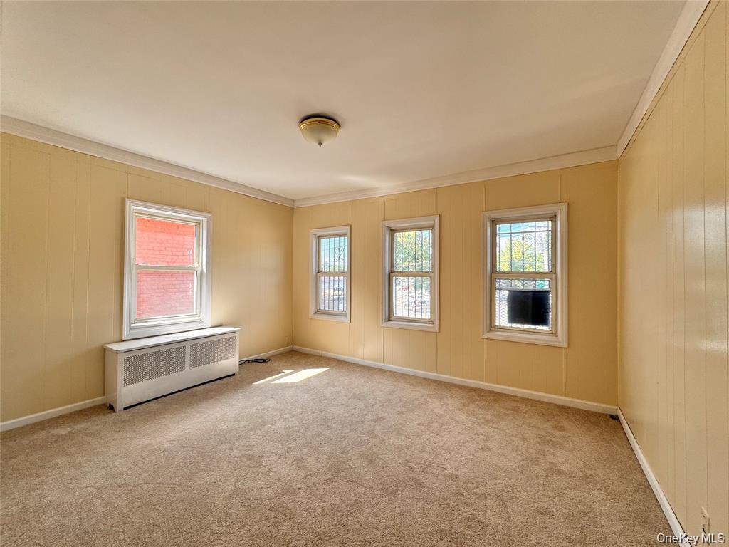237-18 92nd Road, Unit 2 Queens, NY 11426 - Photo 4 of 5 Spare room featuring radiator heating unit, ornamental molding, and light colored carpet