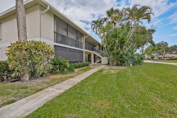 a view of backyard with large trees and flower plants