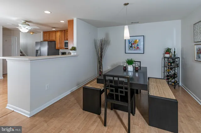 a view of a dining room with furniture