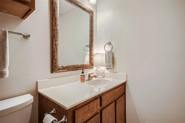 a bathroom with a sink toilet and mirror