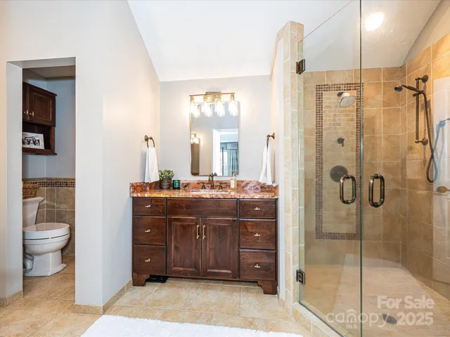a bathroom with a granite countertop sink a toilet a mirror and shower