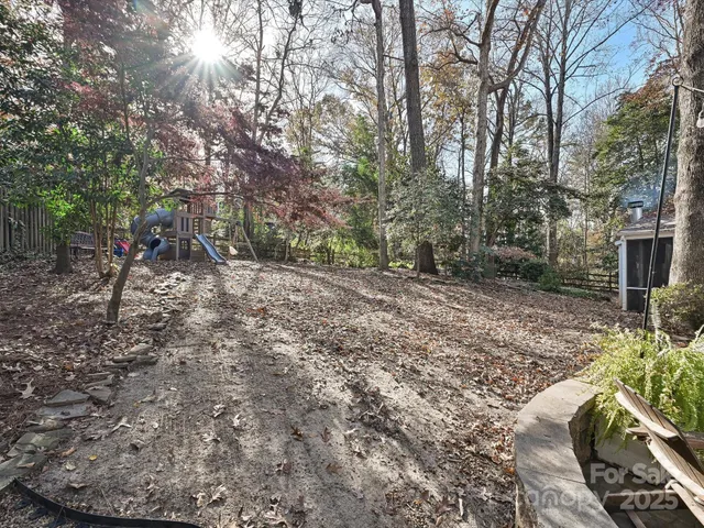 a view of a backyard with large trees