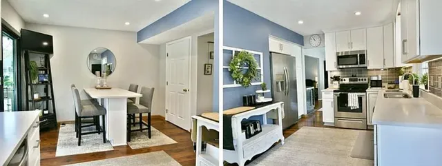 a kitchen with stainless steel appliances kitchen island granite countertop a refrigerator and a sink