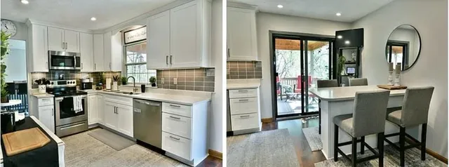 a kitchen with a dining table chairs and refrigerator