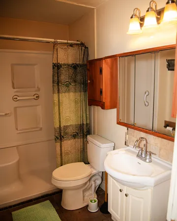 a bathroom with a sink toilet and shower