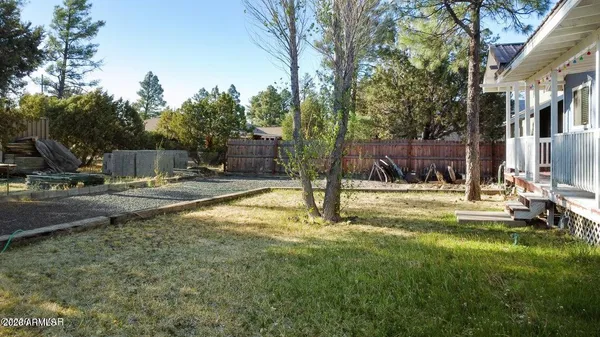 a view of a backyard with a large tree
