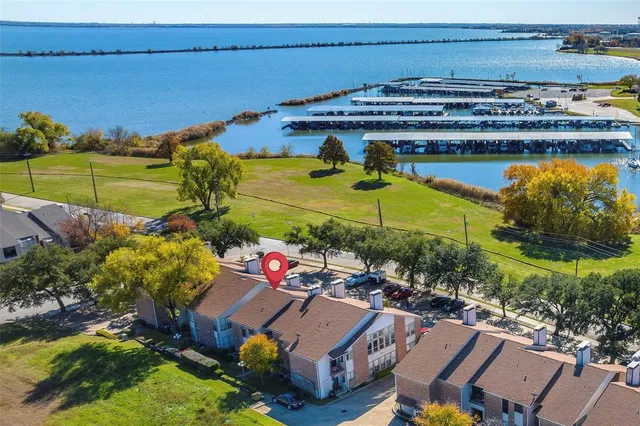 an aerial view of a building with outdoor space